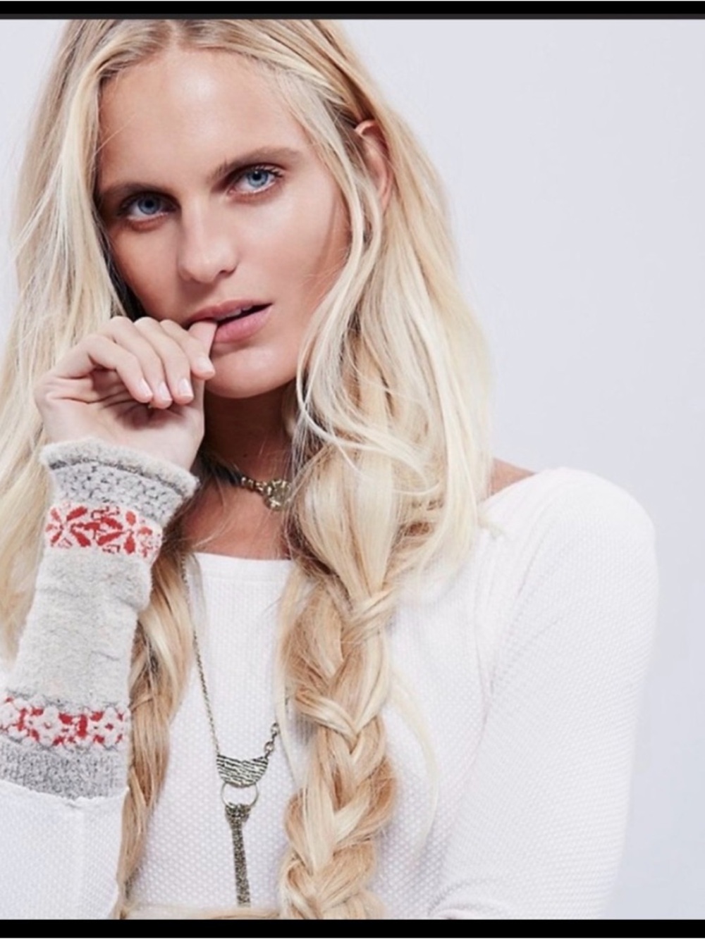 Free People White Long Sleeve Thermal Top with Patterned Cuffs